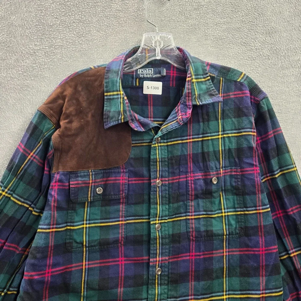 VINTAGE Polo Ralph Lauren Men Button Up Shirt XL Blue Plaid‎ Flannel Faux Suede
